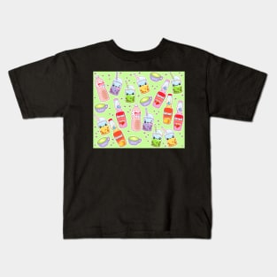 Colorful Kawaii Drinks on Green Kids T-Shirt